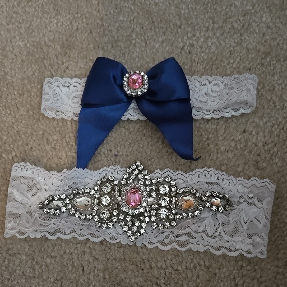 Elegant Blue and White Lace Garter with Rhinestone Embellishments